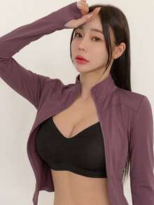 DAZY 女款純色彈性小立領修身長袖夾克，運動休閒，春秋款 - 酒紅色 - 查看 4