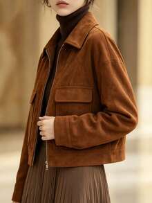 SHEIN Women's Fashion Loose Fit Lapel Drop Shoulder Long Sleeve Patch Pocket Zipper Jacket - Brown - View 3