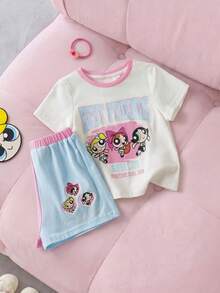 THE POWERPUFF GIRLS X SHEIN 女嬰卡通印花T恤短褲套裝 - 彩色 - 查看 3