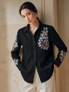 Anewsta 女款春夏時尚優雅大花刺繡情人節浪漫派對度假藍色長袖襯衫牛仔褲 - 灰色 - 查看 6