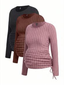 Modmama Maternity Casual Smart Versatile Solid Color Side Drawstring T-Shirt Winter Formal Photoshoot Black Brown Fuchsia Pink - Coffee Brown - View 3