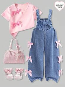 SHEIN Girls' Blue Denim Ruffled 3D Big Bow Loose Overalls - Light Wash - View 1