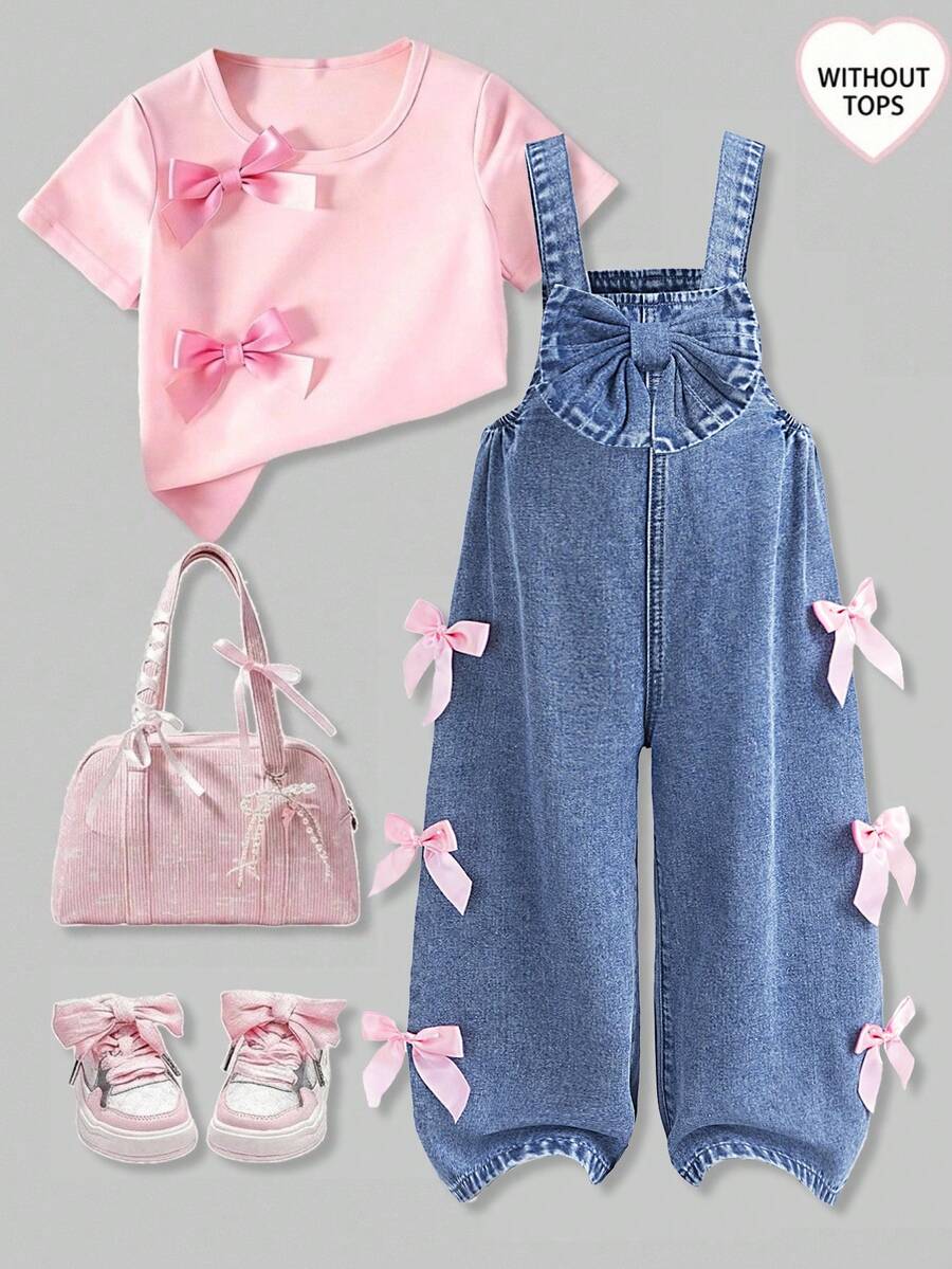 SHEIN Girls' Blue Denim Ruffled 3D Big Bow Loose Overalls - Light Wash - View 1