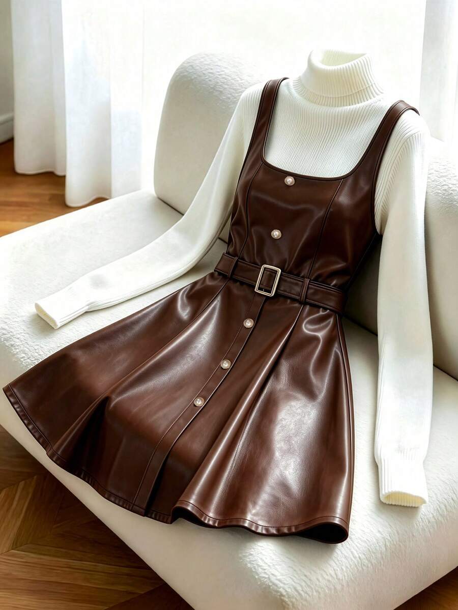 GlowEve CURVE Plus Size Square Neck Sleeveless Metal Buckle Button Dress, Party Gathering - Brown - View 1