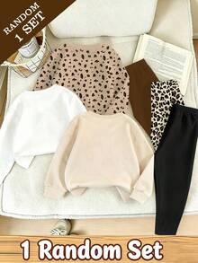 SHEIN 1 SET RANDOM Girls' Crew Neck Sweatshirt Set, Available In All-Over Leopard Print Rabbit, Leopard Print Bow, And Sequin Heart Styles, Paired With Matching Slim-Fit Long Pants, Sweet And Cool Fashionable Design, Suitable For Outings, Shopping, Daily Wear, Spring, Autumn, And Winter - Black - View 2
