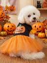 PETSIN Halloween Pumpkin Mesh Tutu Pet Dress - Festive And Breathable For Autumn ; Ideal For Holiday Celebrations, And Memorable Photo Shoots; Features Playful Pumpkin Print And Mesh Tutu Design, Creating A Fun And Cute Halloween Look For Your Pet.