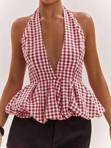 SHEIN BAE Women's Summer Sexy Plaid Backless Halter Top Going Out Vacation Red And White Plaid - Red and White - View 5