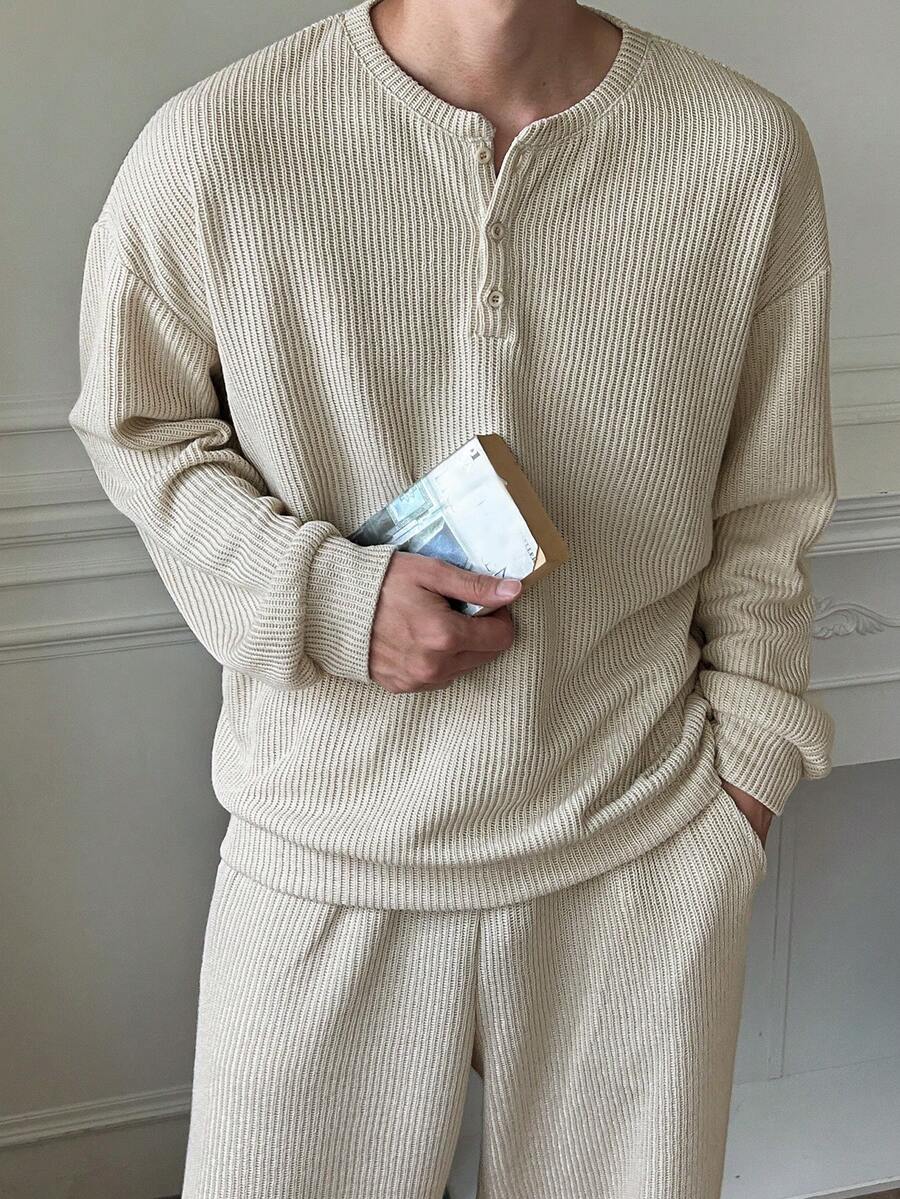 DAZY Herr T-shirtset med långärmad rundhalsad half-zip topp i beige stickad texturerad väv och långbyxor med elastisk midja, vår/höst - Beige - Visa 1
