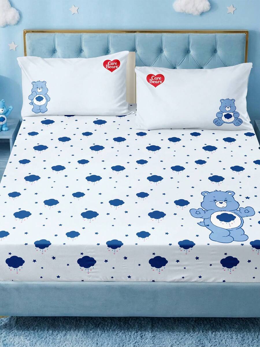 SHEIN X Care Bears 3-Piece Mattress Set, Cartoon Bear Pattern On Blue Background, Cartoon Character Decoration, Cute Pattern, Suitable For Room Decoration, Microfiber Material, Machine Washable, Multi-Season Application - Blue - View 1