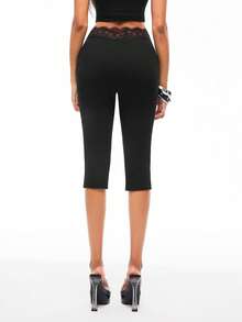 Vadaroq Women's Fashion Versatile Lace Patchwork 3/4 Length Pants - Black - View 2