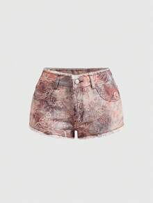 ROMWE Y2K Vintage Hot Girl Cashew Flower Paisley Retro Pattern Print Frayed Hem Ultra Low Waist Mini Denim Shorts - Brown - View 1