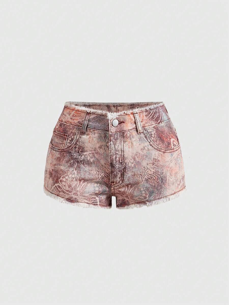 ROMWE Y2K Vintage Hot Girl Cashew Flower Paisley Retro Pattern Print Frayed Hem Ultra Low Waist Mini Denim Shorts - Brown - View 1
