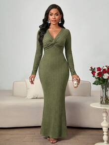SHEIN Lady Gaun Panjang Ekstra Wanita Elegan Warna Polos dengan Simpul Terpilin dan Model Ekor Ikan - Dark Green - View 6