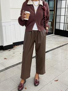 DAZY Celana Setelan Wanita Gaya Komuter Berlipit Longgar Berpinggang Tinggi Musim Gugur/Dingin, Bahan Tenun Warna Polos, Dipadukan dengan Jaket Kulit - Coffee Brown - View 7