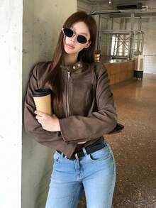 DAZY Women's Solid Color Korean Style Long Sleeve Autumn/Winter Jacket Top Cute Tops - Coffee Brown - View 6
