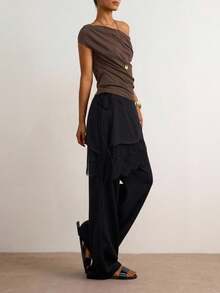 Freevana Celana Panjang Model Longgar dengan Hiasan Renda Hitam Romantis, Potongan Asimetris, dan Kaki Lebar, Dilengkapi Ikat Pinggang, Cocok untuk Musim Gugur. - Hitam - View 7