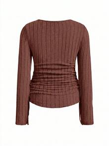 Modmama Maternity Casual Smart Versatile Solid Color Side Drawstring T-Shirt Winter Formal Photoshoot Black Brown Fuchsia Pink - Coffee Brown - View 8