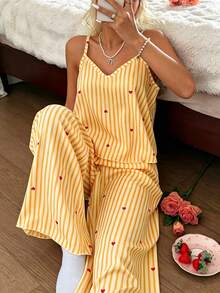 CottageSlumber Women's Striped Heart Print Camisole Top & Long Pants Pajama Loungewear Set - Yellow - View 3