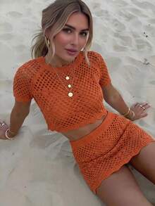SHEIN Holidaya Women's Elegant Tropical Solid Color Knit 2 Pieces Set Beach Vacation Burnt Orange Autumn - Burnt Orange - View 3