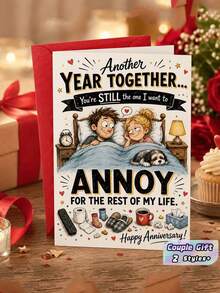 1 Set Funny Couple Anniversary Card - Humorous Anniversary Theme Card With Envelope, Featuring Cozy Bed And Pet Dog Design; Paper Greeting Card, Suitable For Husband, Wife And Partner, Perfect For Wedding, Anniversary And Birthday - One Size Fits All - View 1