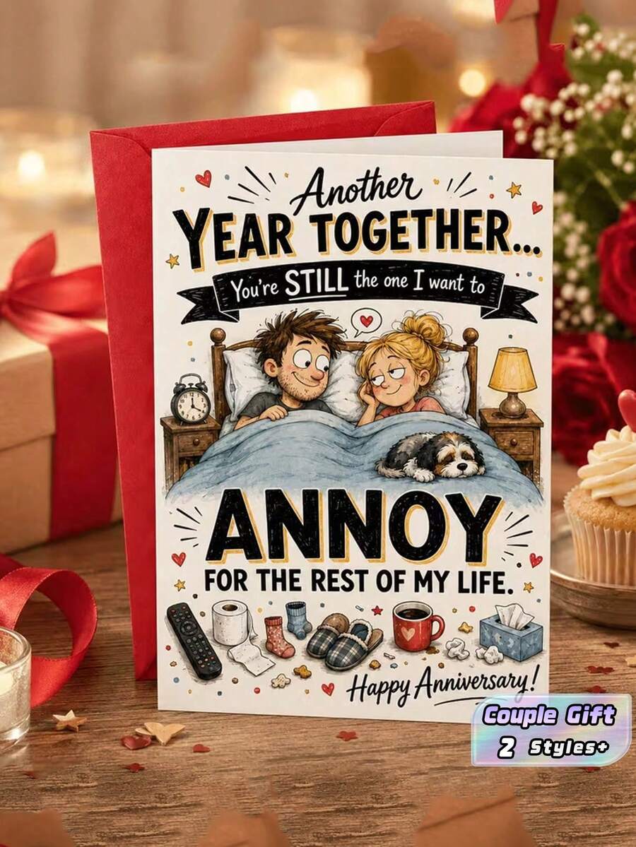 1 Set Funny Couple Anniversary Card - Humorous Anniversary Theme Card With Envelope, Featuring Cozy Bed And Pet Dog Design; Paper Greeting Card, Suitable For Husband, Wife And Partner, Perfect For Wedding, Anniversary And Birthday - One Size Fits All - View 1