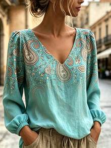 Breezaya Vintage Casual Printed Long Sleeve Shirt - Green - View 1