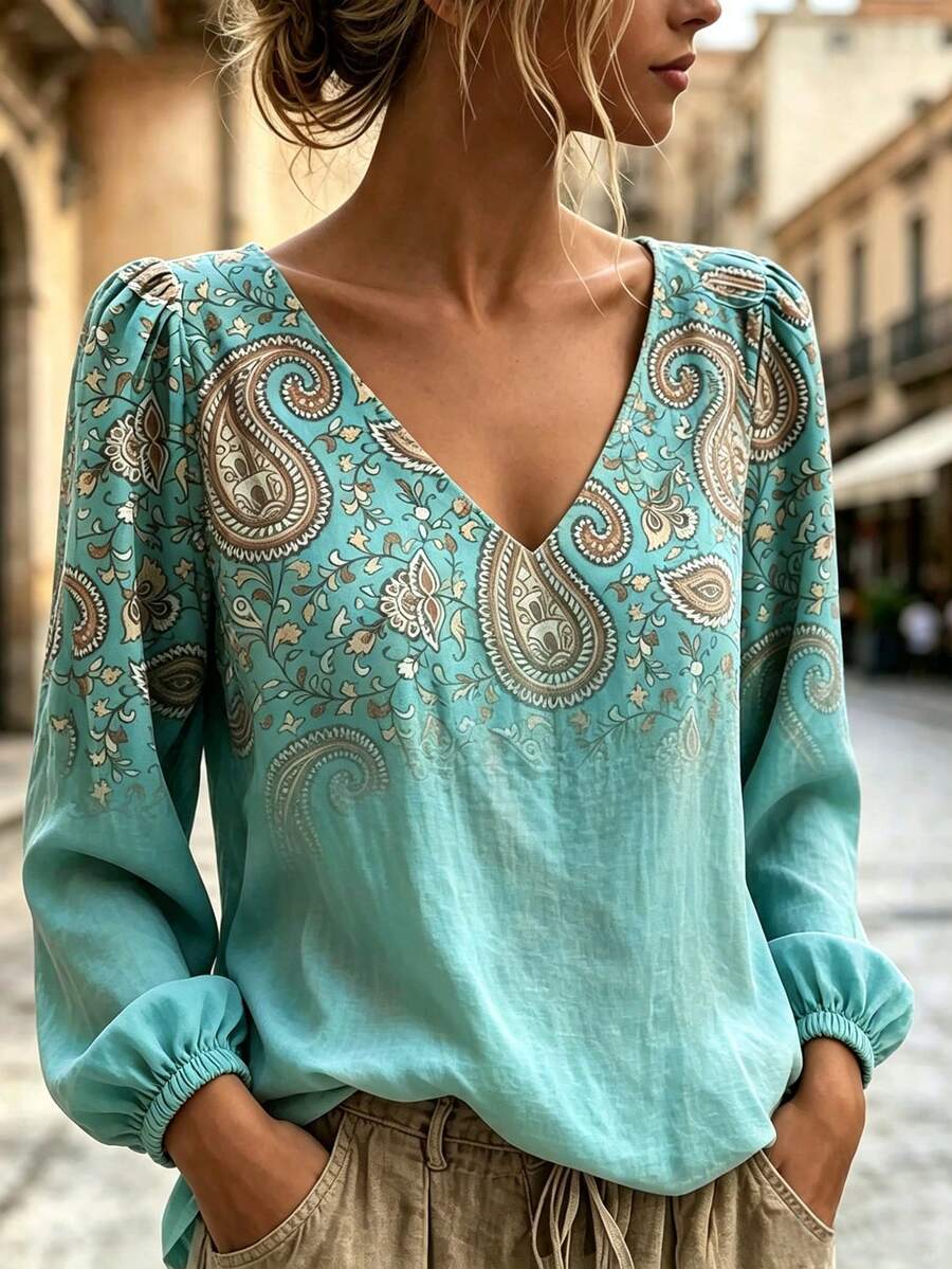 Breezaya Vintage Casual Printed Long Sleeve Shirt - Green - View 1