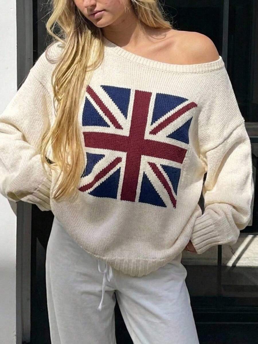 CovetEZ Women's National Flag Print Off-Shoulder Long Sleeve Pullover Sweater