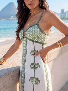 CAJUNI Women's Coconut Tree Print Casual Tropical Vacation Travel Spaghetti Strap Dress Vacation Beach Green Summer - Green - View 5