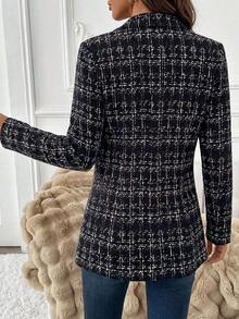 SHEIN Clasi 女士格子翻领长袖休闲办公西装外套 - 黑色 - 查看 2
