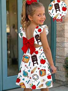 Emery Rose Kids Young Girl Summer Casual Pencil Heart Print Dress - Red - View 2