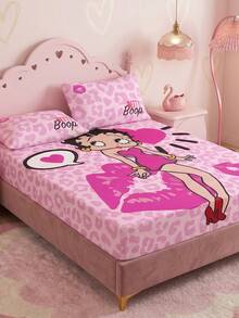 Betty Boop x SHEIN 3-Piece Set Of Light Pink Bottom Pink Cartoon Character Mattress Set, Pink Cartoon Pattern, Cartoon Character Decoration, Leopard Print Pattern, Suitable For Room Decoration, Microfiber Material, Machine Washable, Multi-Season Application - Light powder - View 2
