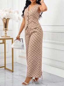SHEIN Lady 女款蝴蝶結圖案單排扣背心與長褲休閒優雅兩件套 辦公室早午餐米色夏季 - 卡其色 - 查看 5