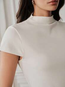Anewsta Essential Women's Summer New Small Stand Collar Slim Fit Cotton White Short Sleeve T-Shirt, White Top, Workout, Summer Tops Fits For Women, Going Out Tops For Women - White - View 3