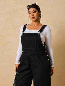 SHEIN PETITE CURVE Plus Size Fashion Pocket Button Loose Denim Jumpsuit Fall Black Casual Normal - Black - View 8