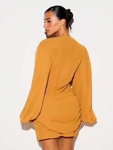 KIZN Deep Plunge Wrap Mini Dress With Puff Long Sleeves Mustard Yellow Buckle Waist Detail Ruched Skirt Party Evening Night Out Autumn Sexy - Mustard Yellow - View 3