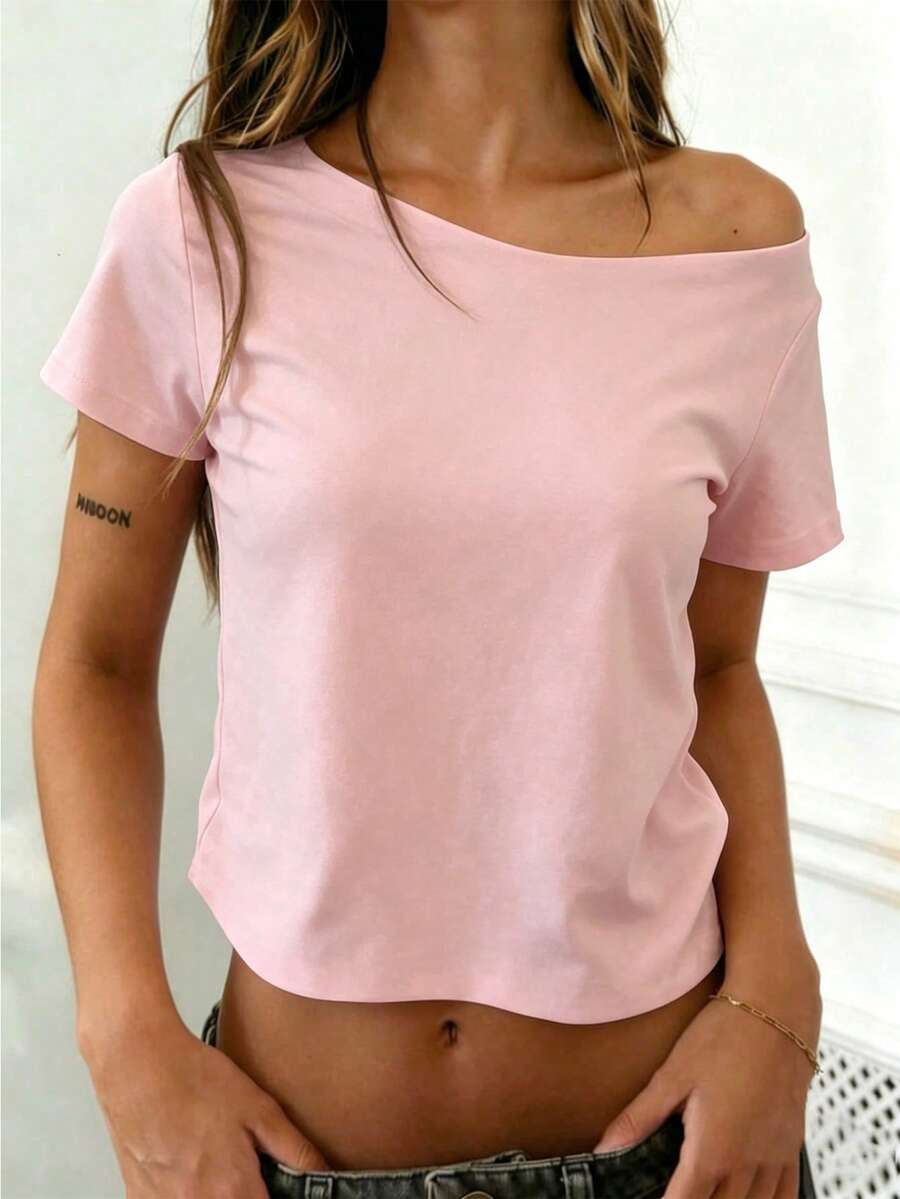SHEIN Women's Solid Color Asymmetrical Shoulder Casual Versatile Daily Wear Short Sleeve T-Shirt - Baby Pink - View 1
