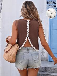 Vivid Eden Blus Kasual Wanita Bertekstur untuk Liburan, Leher Bulat, Motif Patchwork, Renda di Bagian Belakang, dan Hem Asimetris. - Coklat - View 1