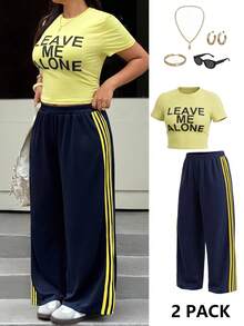 Muchica Spring/Summer Casual Embroidered Small Label Grey Plus Size Women 2 Pieces Set - Yellow - View 3