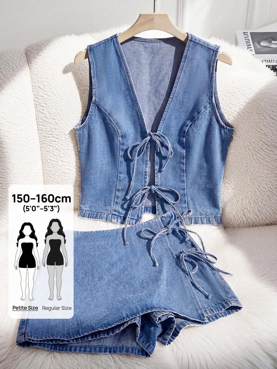 SHEIN PETITE Women's Lace-Up Front Top And Skorts Casual Daily Denim Set - Blue - View 1