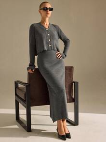 CLARA VERO Ribbed Button Cardigan Knit Skirt Set Office Light Grey Autumn Elegant - Grey - View 4