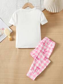 SHEIN 女童小女孩休閒簡約修身舒適圓領短袖長褲家居服套裝，2件套，春夏款，甜美可愛愛心卡通水鑽貓咪螢光印花，花卉格紋蝴蝶結印花，粉紅色 - 淺粉色 - 查看 2