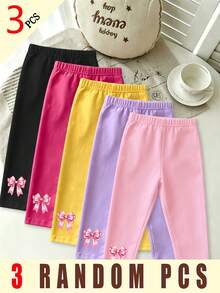 (5 piezas aleatorias, se envían 3 piezas) Leggings básicos de color con estampado de lazo de cinta rosa simple para niña bebé, pantalones de uso diario para primavera, verano, otoño e invierno, todas las estaciones - Multicolor - Ver 3