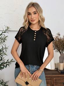 EMERY ROSE Women's Contrast Lace Insert Short Sleeve Button Half Placket Casual T-Shirt - Black - View 4