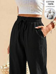 Travachic Women's Solid Color Waist Tie Pocket Cuffed Casual Long Pants - Black - View 9
