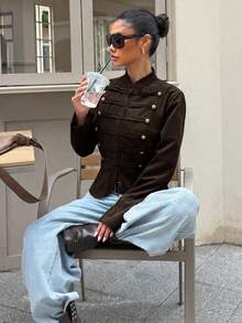 Muchica Women's Solid Color Studs Decor Casual Versatile Daily Long Sleeve Jacket - Brown - View 4