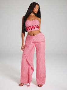 NYA SZN Pant Trouser Wide Leg Draped Detail Checkered Special Event Business Office Work Everyday Party Going Out Birthday Fall - Red - View 1