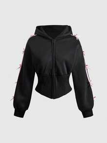 Sweetness Black Sweet Waist-Cinching Bowknot Decor Women's Sweatshirt - Black - View 2