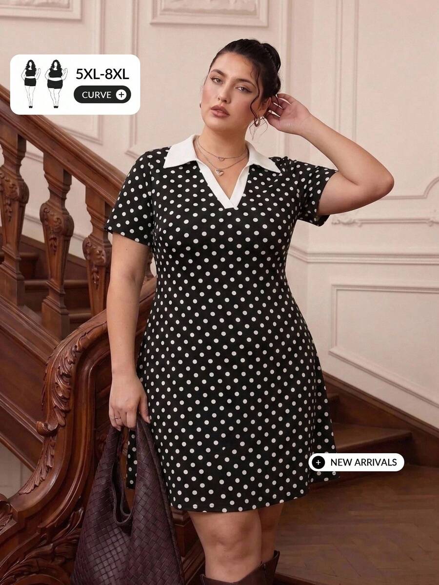 SHEIN CURVE+ Plus Size Colorblock Lapel Short Sleeve Casual 1920s Dress Dress Vacation, Fall Winter 2026 22W - Black and White - View 1