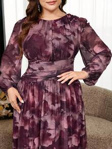 Reflora Plus Size Women's Dress Autumn/Winter Elegant Traditional Long Sleeve Mesh Printed Long Romantic Party Formal Mother Of The Bride Wedding Dark Purple - Multicolor - View 4